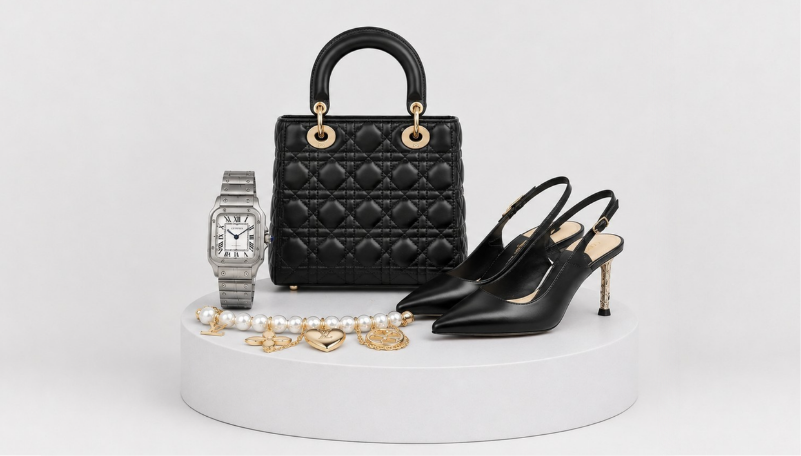 Composición de lujo: bolso, reloj y zapatos